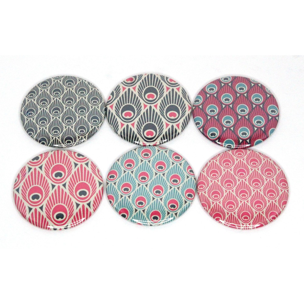 Set of 6 Refrigerator Locker Magnets 2.25" Handmade Boho Peacock Feathers Pink